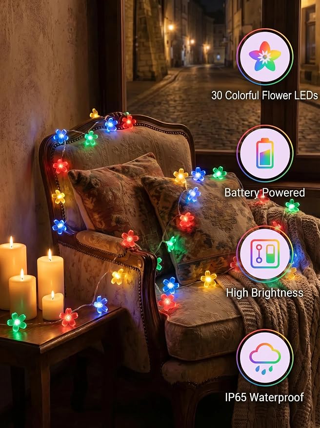 Flower Battery Operated Indoor String Lights 30L Cherry Blossom Fairy Light | Waterproof Outdoor Garden Party Camping Birthday Wedding Room Multicolor
