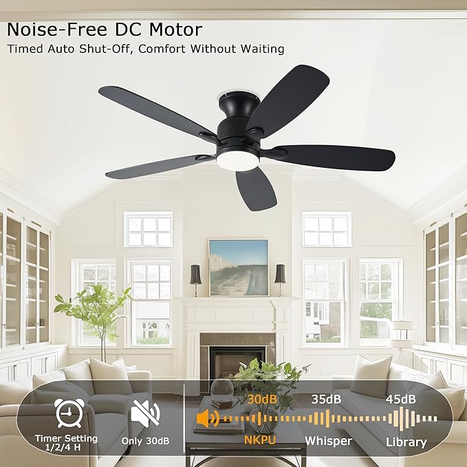 52inch Black Ceiling Fans with Lights, Low Profile Ceiling Fan with Light and Remote/APP Control, Reversible DC Motor, Noiseless, Dimmable, Flush Mount Ceiling Fan for Bedroom Living Room Patios