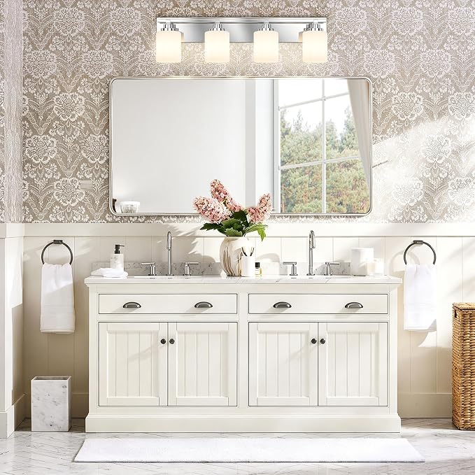 Modern Bathroom Lighting Fixtures Over Mirror, Vanity Lights for Bathroom, Wall Sconces with Milky White Glass Shades, E26 Ceramic Socket, 4-Light 27.5-inch Chrome