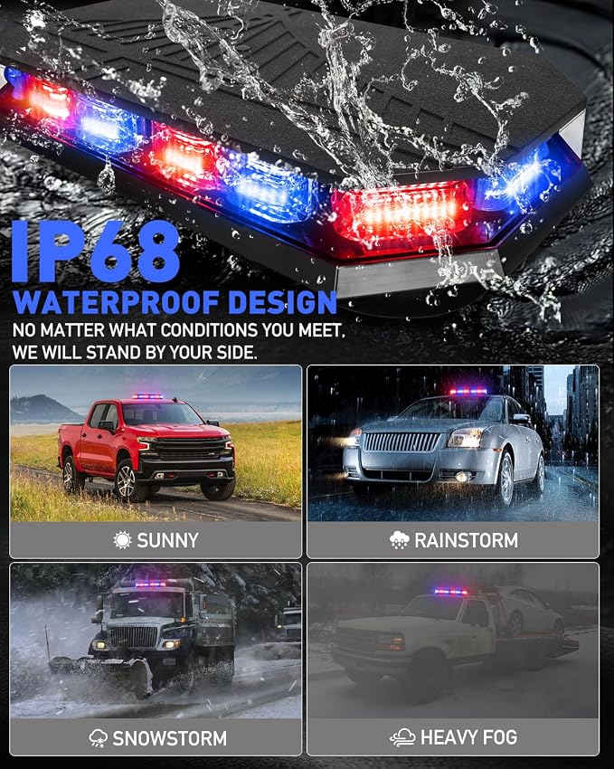 HLauto 406D Rooftop Emergency Strobe Lights Bar, 102 LED Red Blue Mini Beacon Safety Flashing Warning Traffic Lights Bar w/Magnetic Base for 12-24V Trucks, Construction Vehicles, Snowplow, Cars