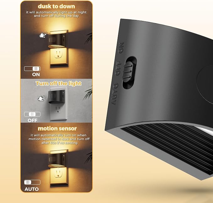 L LOHAS LED Motion Sensor Night Light, Night Lights Plug into Wall, 4 Pack | Nightlight with Dusk to Dawn & Motion Detection Sensor, 30-100Lm Adjustable Brightness, 3000K Warm White, Black Housing