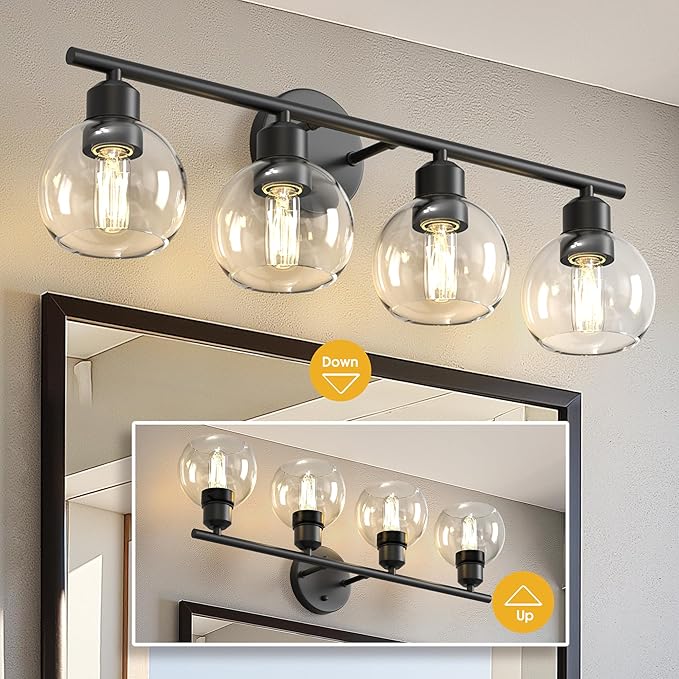 L LOHAS LED Black Bathroom Light Fixtures Over Mirror, 4-Light Vanity Light Fixtures with Clear Globe Glass Shades, Modern Vanity Lights for Bathroom Living Room Hallway Bedroom