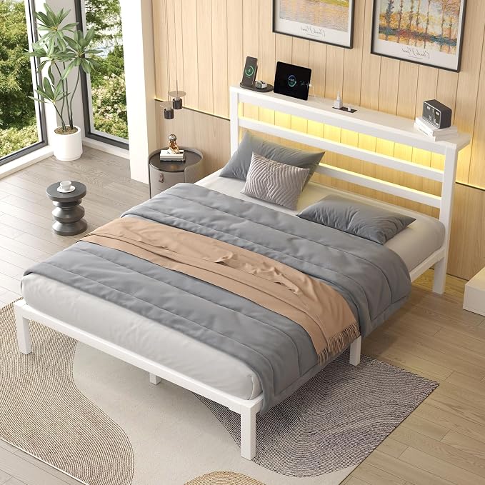 LOEWAY Full Size Metal Bed Frame with Storage Headboard & LED Lights, White | Built-In Charging Station, Under-Bed Storage, Heavy Duty Metal Slats, No Box Spring Needed, Solid and Stable, Easy Assembly