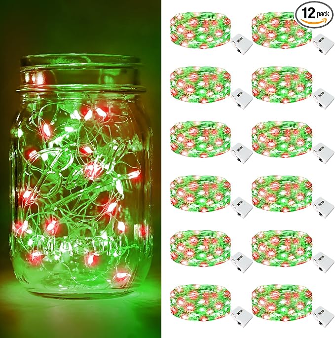 btfarm 12 Pack Fairy Lights Battery Operated Twinkle Lights with 3 Modes | 7Ft 20 Led String Light, Waterproof Mini Silver Wire for Christmas Mason Jars Wedding Table Centerpiece, Red Green