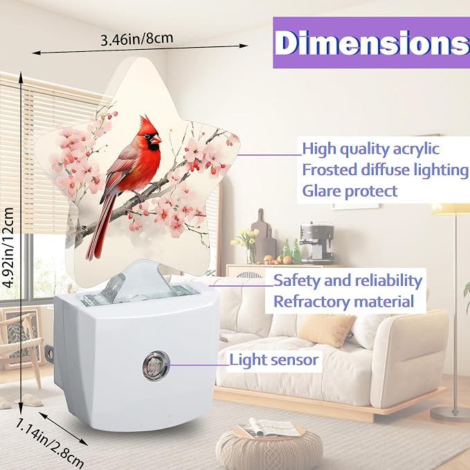 Cardinal Bird Night Lights Plug Into Wall,Spring Peach Blossoom Flowers Dusk to Dawn Light Sensor Night Light for Kids, Energy Efficient Sleep Friendly Lamp for Bedroom Bathroom Nursery