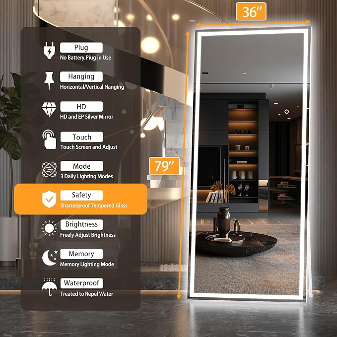 Hasipu Full Length Mirror with Lights, 79" x 36" LED Lighted Floor Standing, Full Body Dressing Hanging Mounted Mirror, Tempered Glass, Square White
