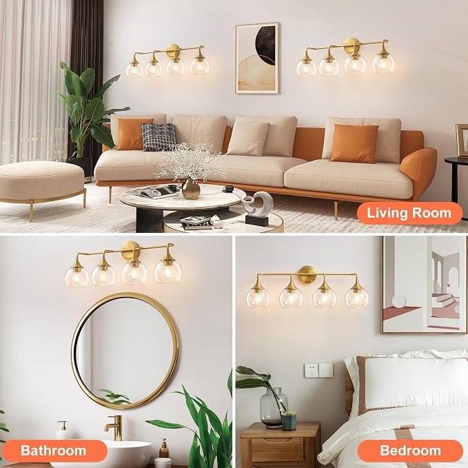 Bathroom Vanity Lights Gold 4 Light Modern Vanity Light 31" | Farmhouse Bathroom Light Fixtures Over Mirror, Thickened Clear Glass Shade, UL E26 Dimmable Vanity Lighting Fixtures