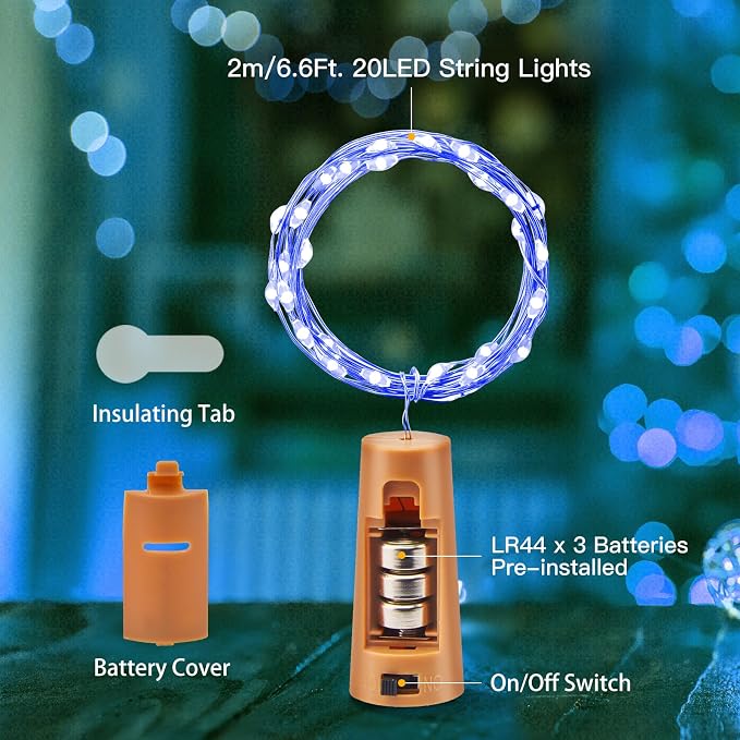 Brightown 10 Pack Wine Bottle Lights with Cork, Blue | 7ft 20 LED Battery Operated Cork Lights, Waterproof for Liquor Bottles DIY Party Holiday Wedding Décor