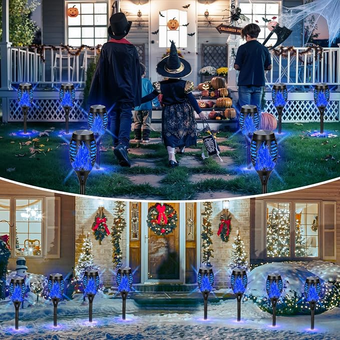 10 Pack Outdoor Solar Lights Blue Flickering Flame Solar Torch Lights | Realistic Flame Effect, IP65 Waterproof & Auto On/Off, Upgraded LED Torches for Outside Patio Yard Garden Pathway Decor