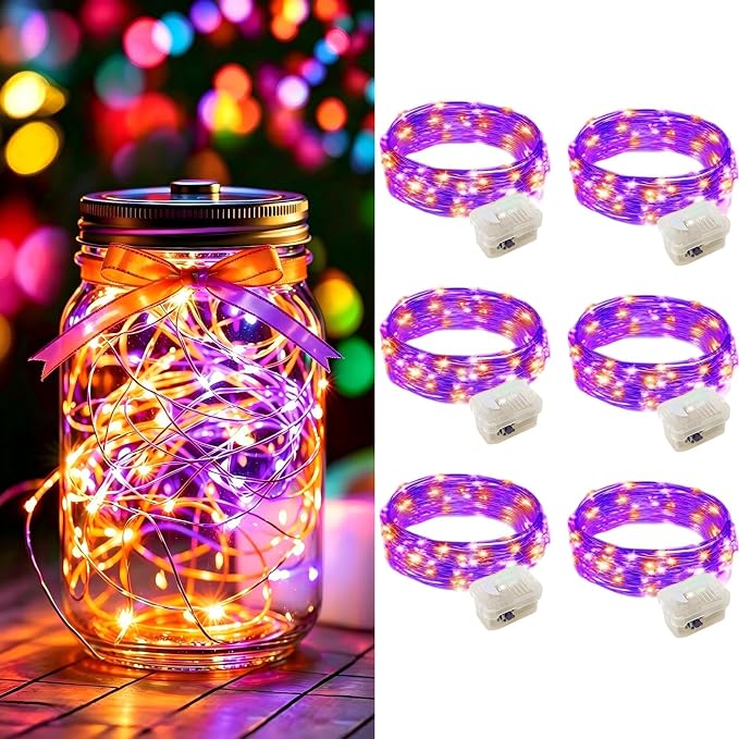 AIKEI 6 Pack LED Fairy Lights Battery Operated, Mini String Lights Waterproof 7ft 20 Led Firefly Starry Lights for Wedding Party Bedroom Garden Christmas Decoration Orange and Purple