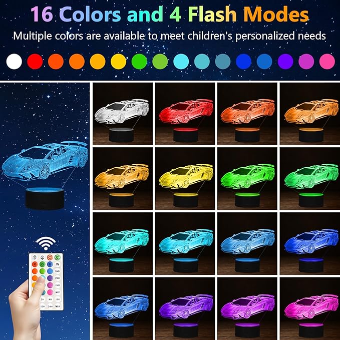 16 Colors Car Night Light, 3D LED Night Lamp for Boys - Racing Cars Themed Bedroom Lamps, Optical Illusion Lamp with Remote Control, Perfect for Kids' Room Décor, Cool Gifts for Car Lovers