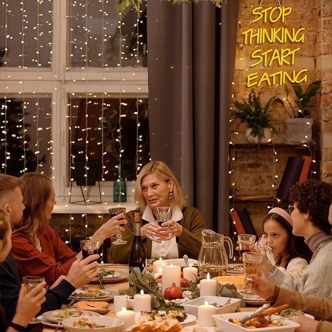 Stop Thinking Start Eating Neon Sign - Fun LED Wall Decor for Restaurants, Kitchens & Food Lovers, USB-Powered with Adjustable Brightness, Humorous Dining Lighting