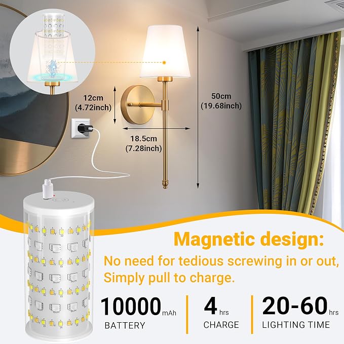 Vimhou Peel and Stick Wall Sconces, Stick On Wall Sconce Set of 2, Battery Operated Wireless Wall Light, No Drill Adhesive Wall Lamp, Corn Bulb with 10000mAh Rechargeable Battery, Bedroom Wall Decor