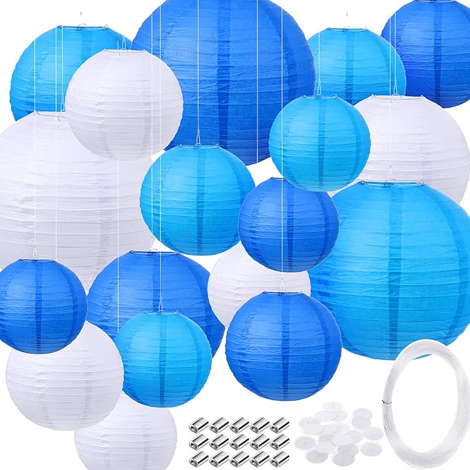 Pelopy 18 Pcs Paper Lanterns 4/6/8/12 Inches Round Chinese Japanese Paper Lanterns for Indoor New Year Valentine's Day Wedding Birthday Party Decorations(Dark Blue, Blue, White,4/6/ 8/12 Inch)