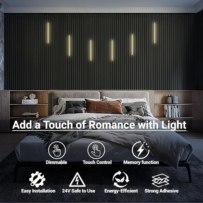 HAMRVL Black CCT LED Recessed Lighting Kit, 6 PCS 17 Inch Tunable 2700k-6500k Wall Panel Lights with Smart Switch, Self-Adhesive, Dimmable, for Wood Slat Wall Panels, Living Room, Bedroom, Media Wall