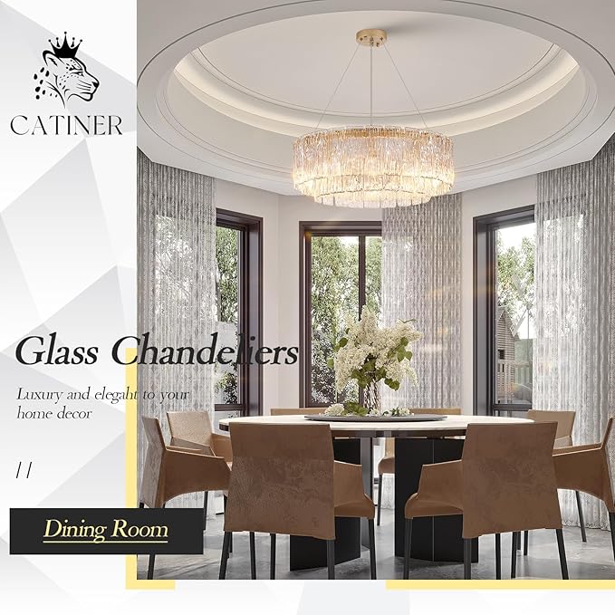 Gold Chandeliers 24”Modern Crystal Glass Round Chandelier 10-Light Drum Pendant Ceiling Light Fixtures Luxury 2 Tiers Hanging Chandelier for Dining Room Foyer Living Room Bedroom