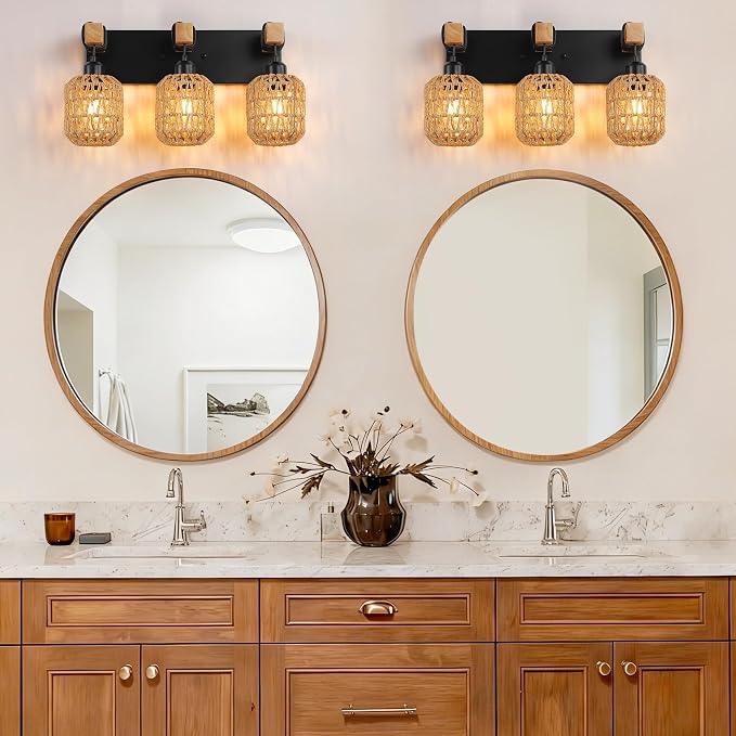 LmnLvn 3-Light Bathroom Vanity Light, Boho Farmhouse Rattan Handwoven Shade | Wood & Metal Frame, Rattan Vanity Light Design, Mounted Over Mirror, Easy To Install for Restroom, Bedroom & Hallway