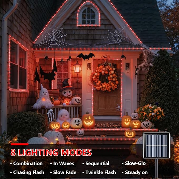 YEGUO Solar Halloween Lights, 2 Packs Each 33ft 100 LED String Lights Outdoor Waterproof, 8 Modes Fairy Lights in Clear Thin Tube for Camping Fence Patio Garden Trampoline Deck(Red)