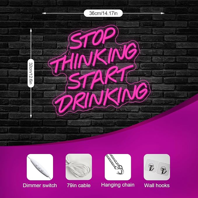 Stop Thinking Start Drinking Neon Sign Pink Led Neon Signs Letter Neon Lights Neon Bar Signs for Wall Decor USB Light Up Sign Neon for Home Bar Man Cave Party Club Restaurant