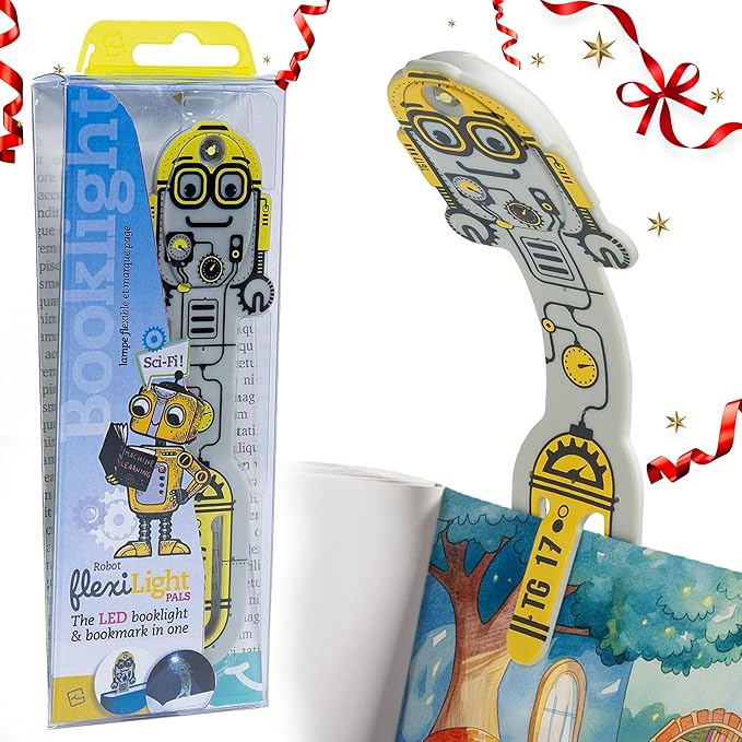 Gifts for Readers & Writers Book Light for Kids, Clip On Reading Light for Bed, 2in1 Flexilight Pals & Bookmark, Small & Lightweight with a Soft Glow, 2 Batteries Included, Robot Grey