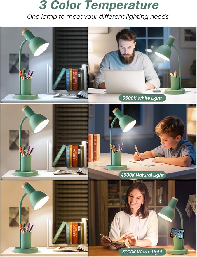 LED Desk Lamp for Home Office, Table Lamp with Pen Holder, 3 Color Modes Reading Light, Eye-Caring Desk Light with Gooseneck, Metal Study Lamp for Dorm Bedside Bedroom (Green Lamp)