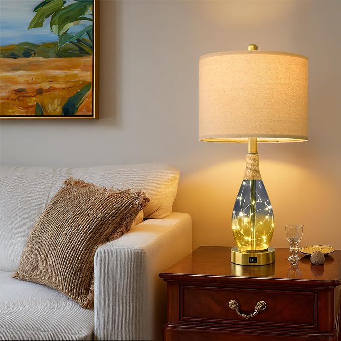 23" Table Lamps for Living Room Set of 2,Bedside Lamps for Night Stands, Rattan Lamps for Bedroom,Farmhouse Lamps with Glass Nightlight,Two Light Points