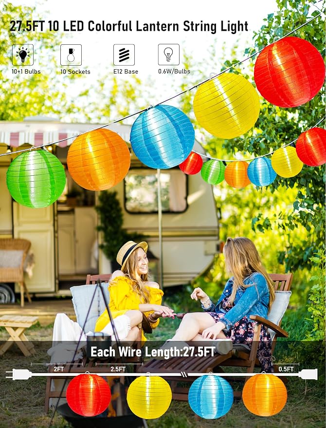 Outdoor String Lights, 25FT Multicolor Lantern Lights String with 10 G40 LED Bulbs, Waterproof Chinese Lanterns for Patio, Backyard, Camping, Halloween and Party Decorations
