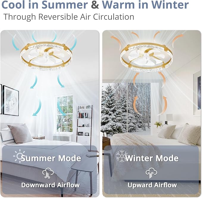 LEDIARY 2 Pack 24" Ceiling Fans with Lights and Remote, Fandelier Gold | 3CCT, 6 Speeds, Dimmable Low Profile, Flush Mount Ceiling Fan, Timer, Reversible, Memory, Bedroom, Living Room, Kitchen