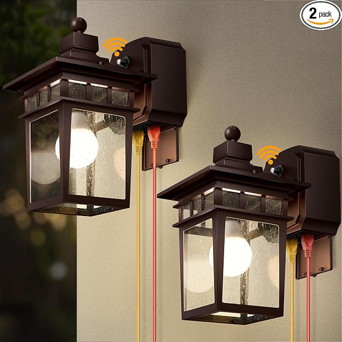 2 Pack Outdoor Light with GFCI Outlet,Bronze Dusk to Dawn Porch Lights Outdoor Wall Light Fixture with Outlet,Aluminum Exterior Lighting Fixtures Wall Mount,Waterproof Outside Lights for House