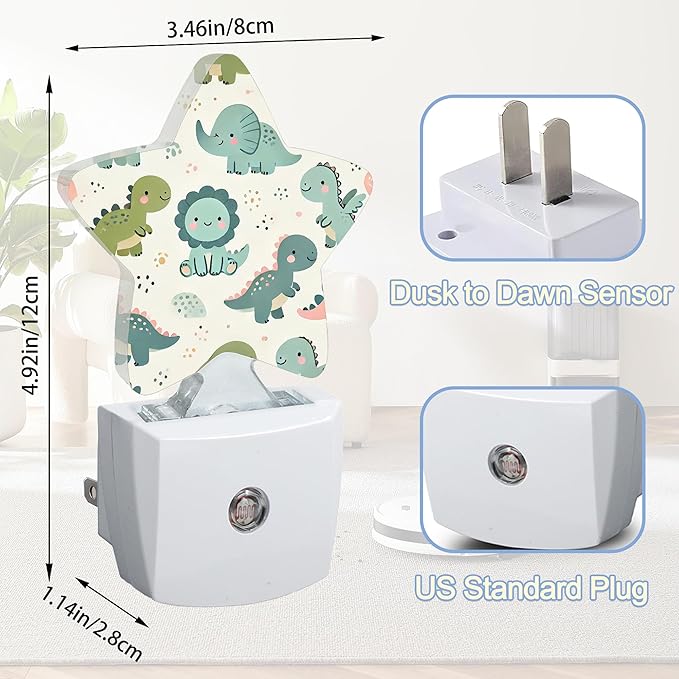 Cute Dinosaur Nightlight,Cartoon Baby Dino Star Night Lights Plug into Wall Decorations for Bedroom Bathroom,Dusk to Dawn Sensor Kitchen Hallway Stairs Energy Efficient Desk Lamp
