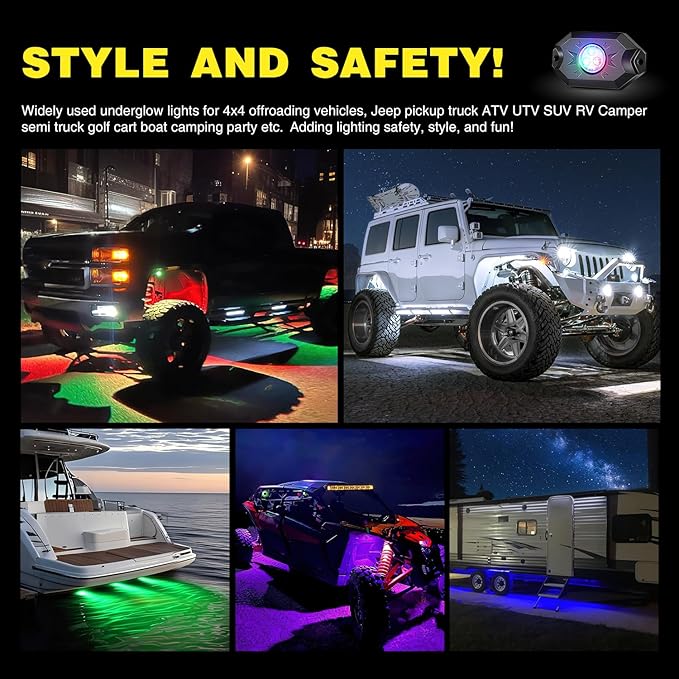 Nilight RGB LED Rock Lights Kit,4 pods Underglow Multicolor Neon Light Pod with Bluetooth App Control Flashing Music Mode Wheel Well Light for Truck ATV UTV RZR SUV,(Pack of 8)
