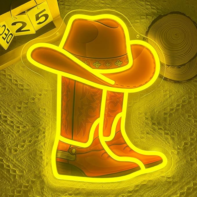 Cowboy Boot Hat Neon Sign 15.2”x13”LED Western Yellow Cowboy Boot Neon Light for Wall Decor Dimmable Hat Light Up Sign for Bedroom Game Room Man Cave Presents for Birthday Party Rodeo Enthusiast