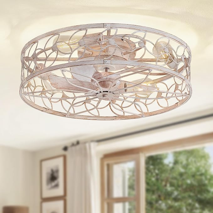LEDIARY 23" Caged Ceiling Fan with Light, Flush Mount Fandalier with Remote | Low Profile, Farmhouse Large, Bladeless Industrial, Quiet DC Motor, App Control for Bedroom, Kitchen, Dining Room, White Gold