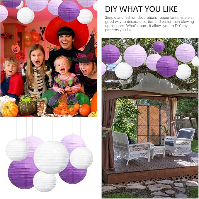20Pcs Purple Light Purple White Paper Lanterns for Parties, 6” 8” 10” 12” Chinese Asian Hanging Round Paper Lanterns for Birthday Wedding Halloween Christmas Home Decor Party Decor
