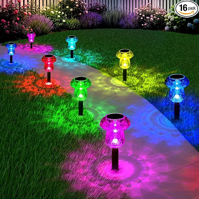 16 Pack Solar Lights Outdoor Color Changing Mushroom Garden Lights | Waterproof Pathway Yard Walkway Landscape Path Lighting for Outside, Auto On/Off Decorations, Acrylic Diamond-like Lampshade