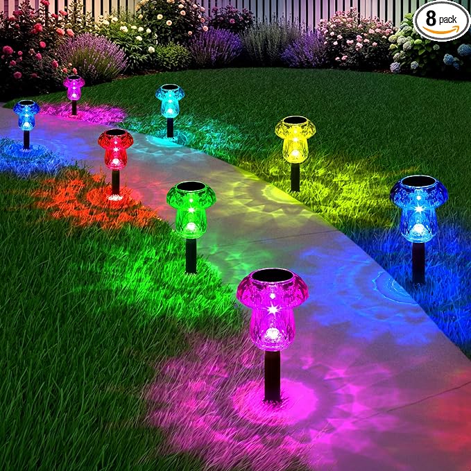Solar Lights Outdoor 8 Pack Color Changing Mushroom Garden Lights | Waterproof Pathway Yard Walkway Landscape Path Lighting for Outside, Auto On/Off Decorations, Acrylic Diamond-like Lampshade
