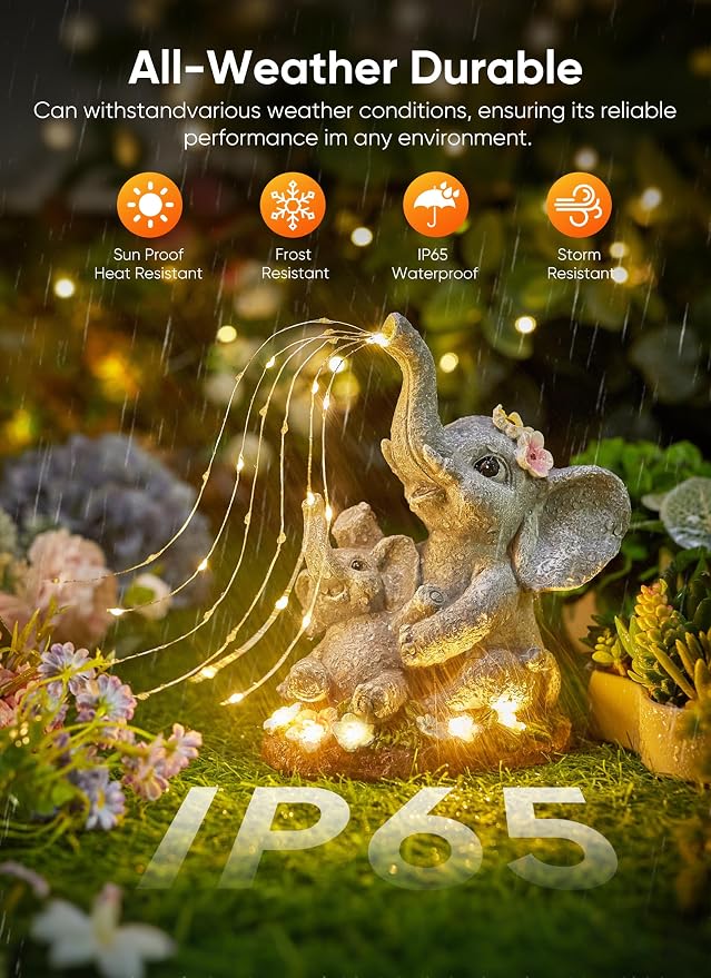 Brightown Solar-Elephant-Garden-Decor-Statue with Succulent & Watering LED Lights, Waterproof Outdoor Decor for Patio, Lawn, Balcony & Yard Decorations Outdoor, Unique Mothers Day Gifts for Mom Women