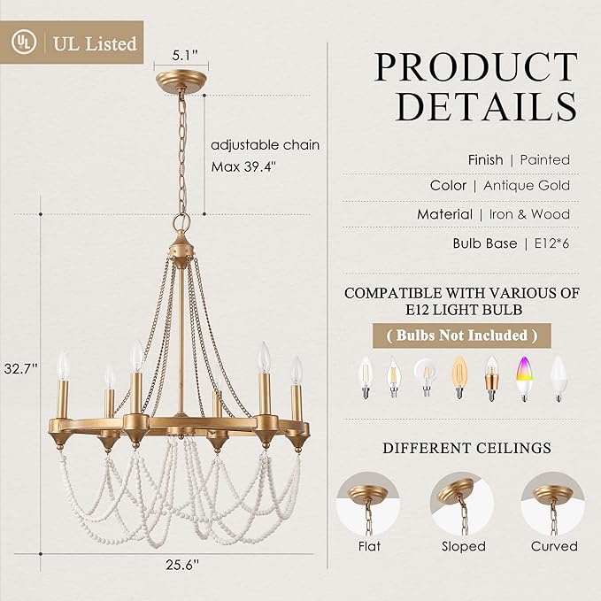 Boho Beaded Chandelier Farmhouse Rustic Candle Style Hanging Light Fixtures French Country Chandeliers Lighting for Dining Room Foyer Kitchen Entryway Antique Gold Chandelier 6-Lights W25.6