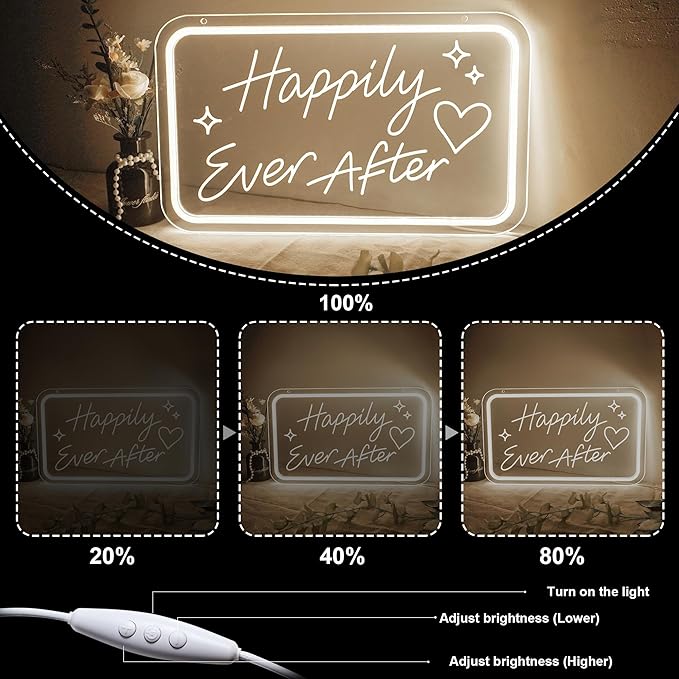 Happily Ever After LED Neon Sign Warm White Wedding LED Wall Light Letter Neon Lights Sign for Wall Decor USB Light Up Sign Neon for Home Bedroom Bar Pub Decor Valentine's Day Girls Gift Club Party