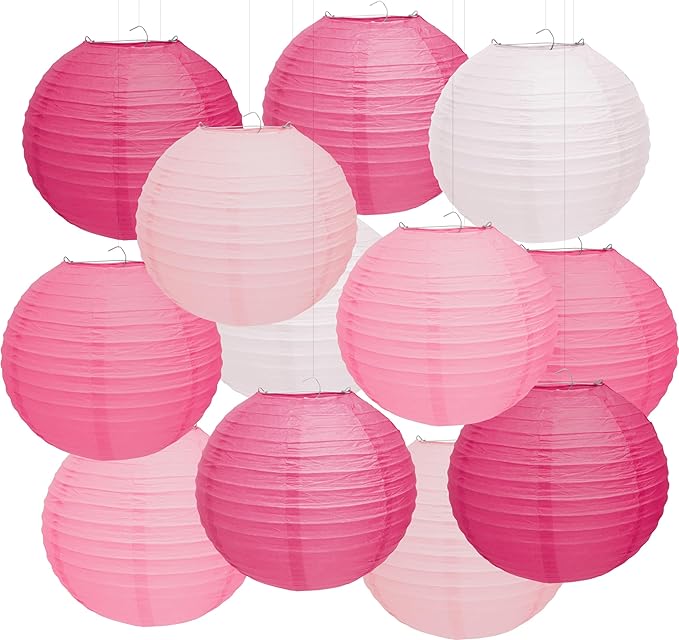 12 Pcs Pink Paper Lanterns 10" Hanging Valentines Paper Lanterns Pink Party Decorations for Valentine's Day Party Decorations Wedding Birthday Engagement Bridal Showers Galentines Day Decor