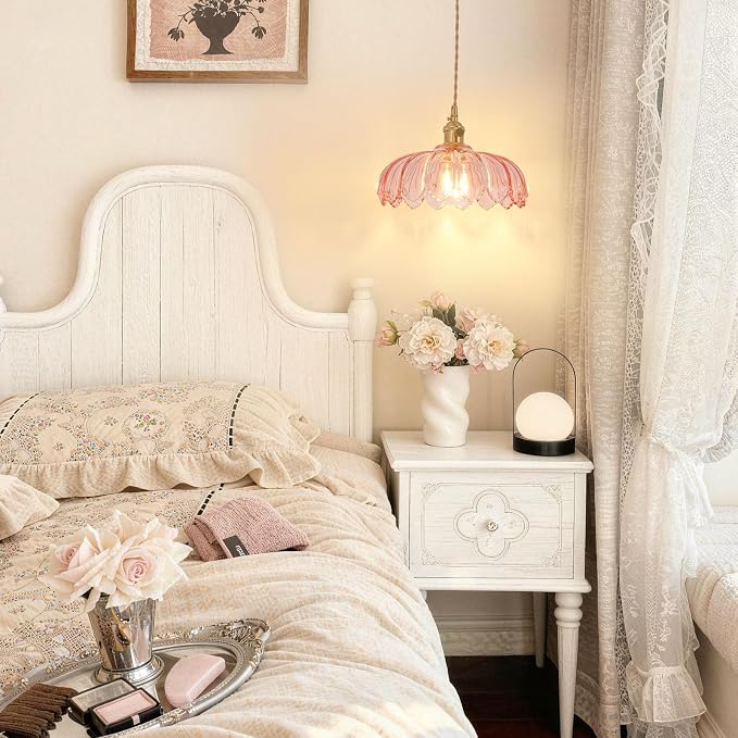 Shenmoyl Pendant Light with Pink Scindapsus Glass Lmapshade, Brass Vintage Pendant Light Adjustable Hanging Light for Kitchen Island Dining Room Hallway