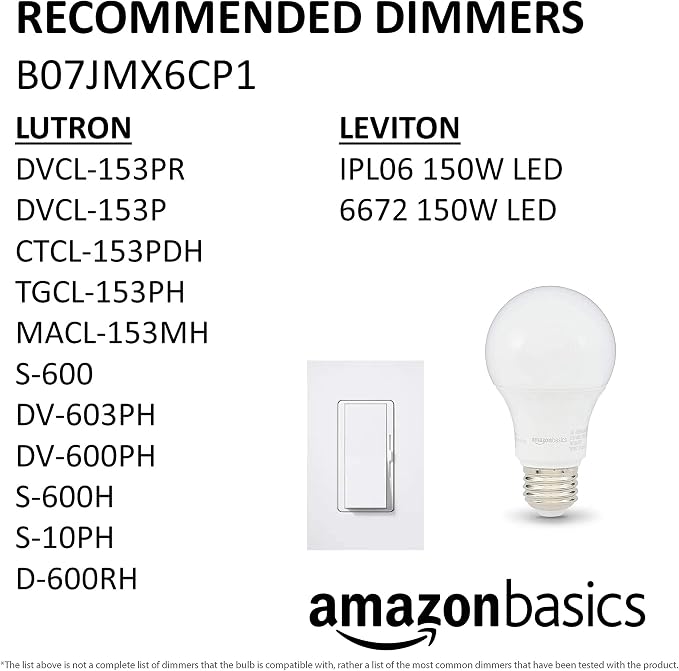 Amazon Basics A19 LED Light Bulbs, 60W Equivalent, 9W Energy Efficient, E26 Standard Base, Daylight White 5000K, Dimmable, 10,000 Hour Lifetime, 6-Pack