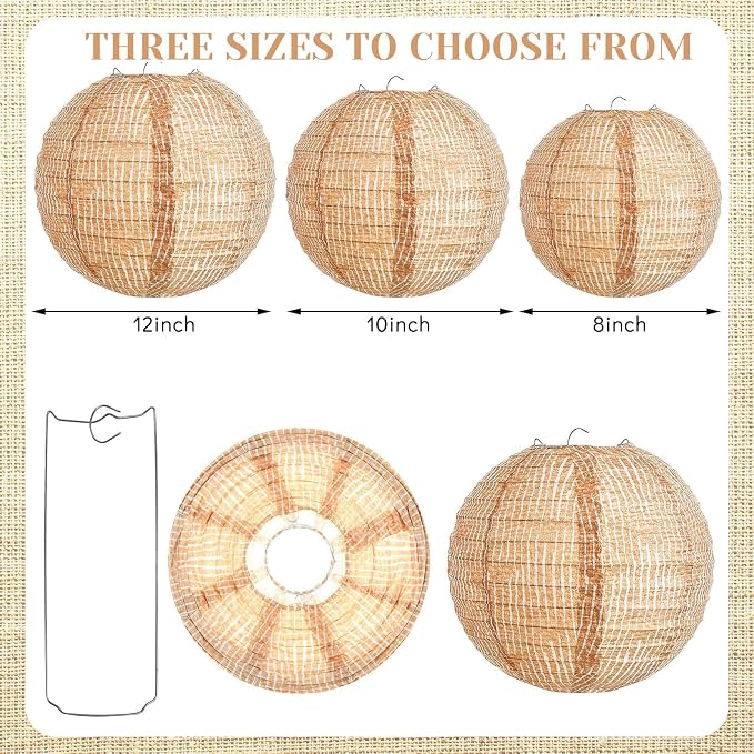 12 Pcs Print Burlap Paper Lanterns Round Chinese Paper Lanterns Farmhouse Boho Classroom Home Decor Classroom Sweet Birthday Party Ceremonial Event (10/12 Inch)