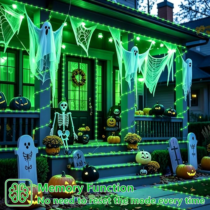 YEGUO Solar Halloween Lights, 2 Packs Each 33ft 100 LED String Lights Outdoor Waterproof, 8 Modes Fairy Lights in Clear Thin Tube for Camping Fence Patio Garden Trampoline Deck(Green)