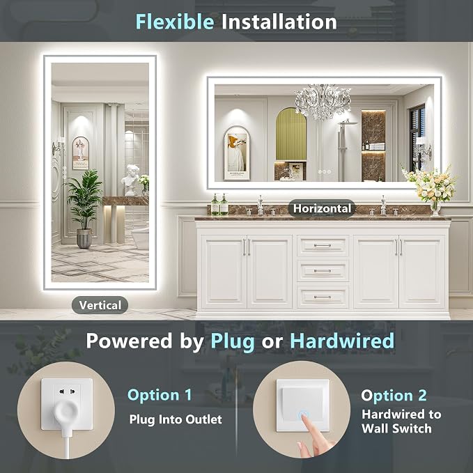 72x36 Inch Brushed Nickel LED Bathroom Mirror, Backlit & Front Lit | Silver Framed Anti-Fog Lighted Vanity Mirror with Lights, 3 Color Dimmable, Memory, HD Tempered Glass, CRI95, IP54, UL Listed