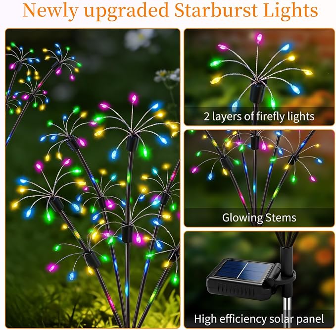 VOOKRY Solar Garden Lights Outdoor, 8 Pack Multicolor Fairy Firework Lights | Waterproof Starburst Fairy Light, Garden Decor for Yard Patio Pathway Lawn, Unique Gifts for Women Mom, Christmas Decorations