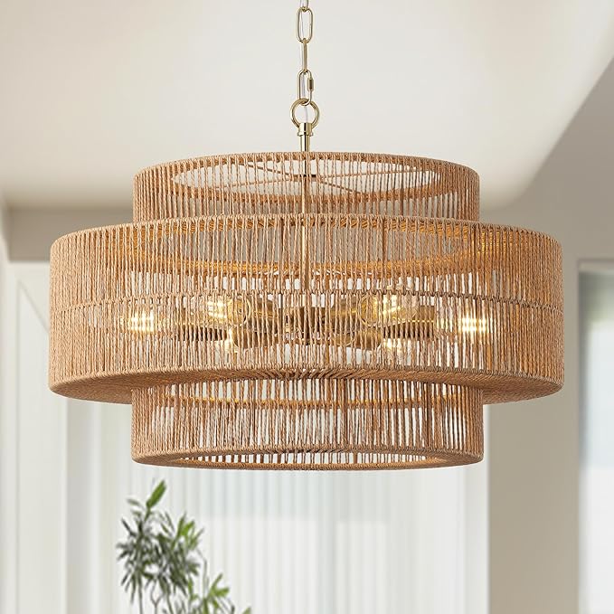 23.6"Large Boho Rattan Farmhouse Chandeliers for Dining Room,6-Light Rattan Hand-Woven Rustic Drum Chandelier Pendant Light Fixture for Kitchen Island Bedroom Living Room Entryway Foyer(Brown)