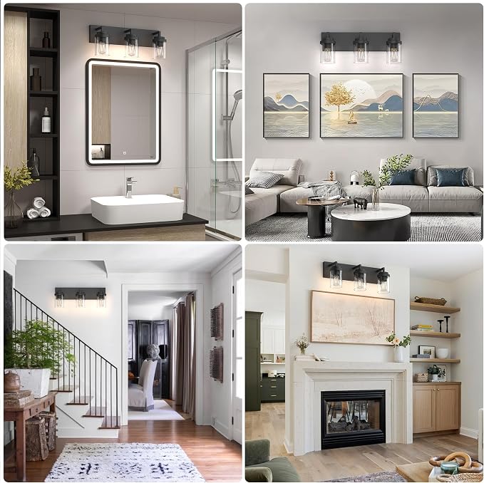 Bathroom Vanity Light, 3 Light Matte Black Vanity Lights with Clear Glass Shade, 22in Modern Wall Sconces, Bathroom Lighting Fixtures Over Mirror for Living Room
