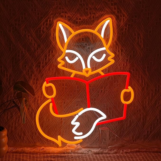 Fox Reading Book Neon Sign for Wall Decor USB Powered Read Books Light Up Sign Dimmable LED Fun Fox Neon Light for Home Bedroom Classroom Library Decor