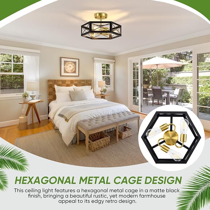 3-Light Semi Flush Mount Ceiling Light, Black and Gold Hallway Light Fixtures Ceiling Mount, Modern Metal Hexagon Cage Close to Ceiling Lights for Kitchen, Bedroom, Living Room